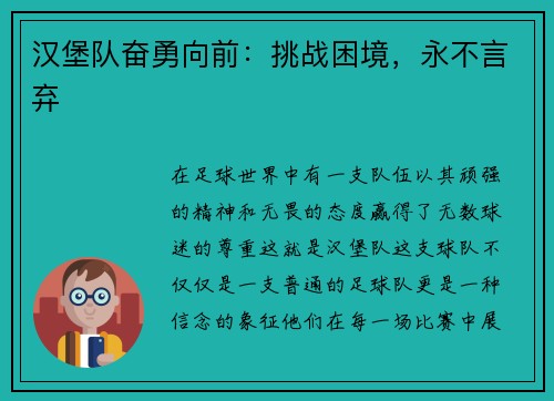 汉堡队奋勇向前：挑战困境，永不言弃