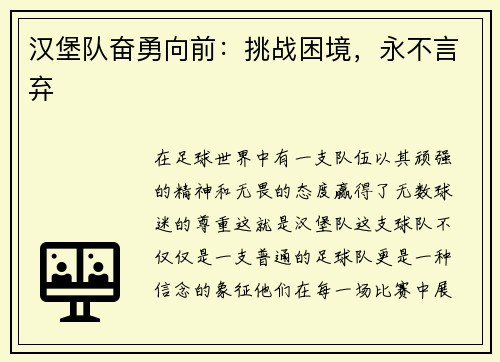 汉堡队奋勇向前：挑战困境，永不言弃